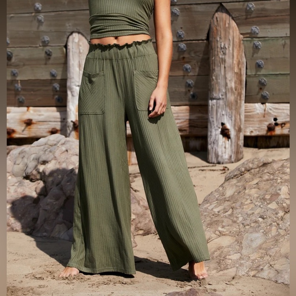 Free People Movement Blissed Out Wide Leg Pants Cargo Khaki Green Ribbed